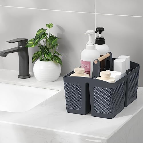 rejomiik Portable Plastic Shower Caddy with Bamboo Handle, Grey - Image 2