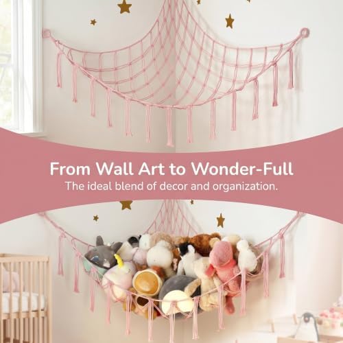 Stuffed Animal Storage Hammock Corner Net, Large Macrame Stuffed Animal Organizer Holder, Cotton Hanging Toy Hammock for Plush Toys, Boho Nursery Girls Bedroom Dorm Room Decor, Pink - Image 3