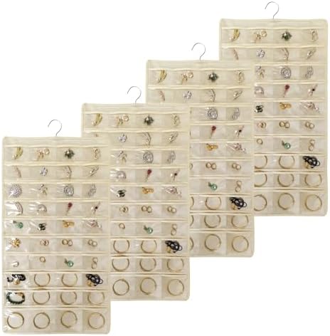 80 Pocket Hanging Jewelry Organizer with Hanger Metal Hooks Storage On Wall Door Closet Double-Sided(Each Side 40 Pockets) Jewelry Holder for Earrings, Necklaces, Rings (4 PACK BEIGE) by Unknown