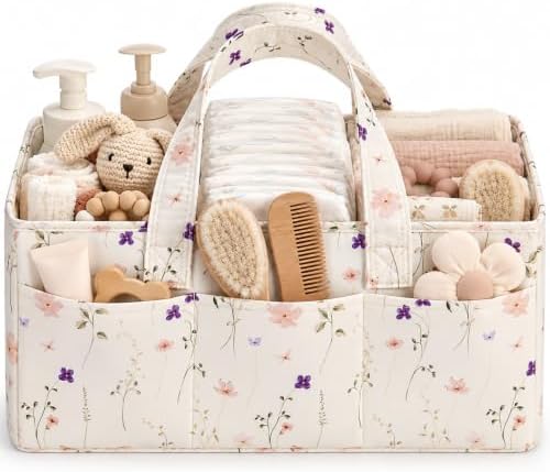 PeraBella Baby Diaper Caddy Organizer, Floral Baby Basket Shower Gift, Nursery Organizer Basket Newborn Boy& Girl Essential Items, Changing Table Organizer Caddy for Baby Stuff, Car Caddy-Cream Floral by PeraBella