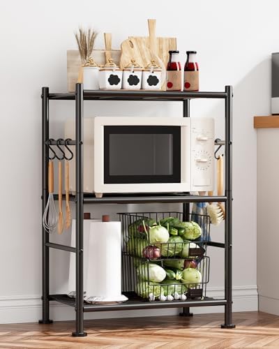 Sakugi Storage Shelves - 3-Tier Large Capacity Shelf Organizer with Hooks, Heavy-Duty Garage Shelving with Leveling Feet, Wobble-Free Rack for Bedroom, Balcony, Garage, 18.1"×12.4"×29.4", Black - Image 2