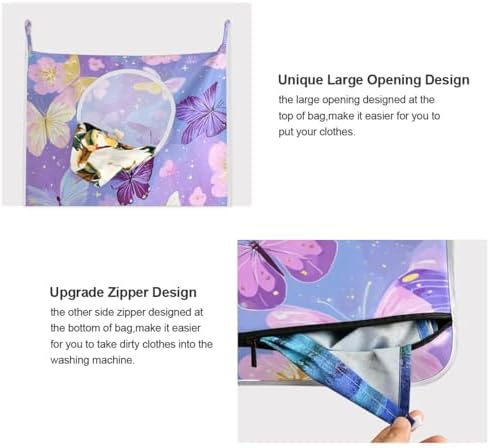 Door Hanging Laundry Hamper Bag with Free Adjustable Stainless Steel Hooks Dirty Clothes Hamper Extra Large Over the Door Laundry Hamper Purple Butterfly 29.5X20inch 1 PCS - Image 5