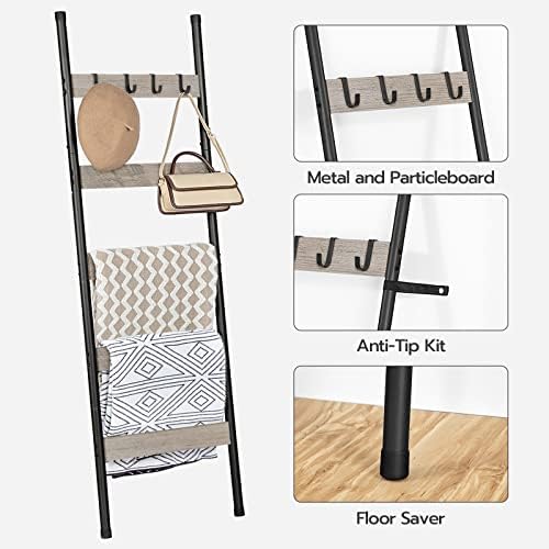 HOOBRO Blanket Ladder, 5-Tier Towel Rack with Hooks, Wall-Leaning Blanket Rack, Decorative Display Ladder Shelf, Scarves, Industrial, Living Room, Bedroom, Greige and Black BG52CJ01 - Image 5