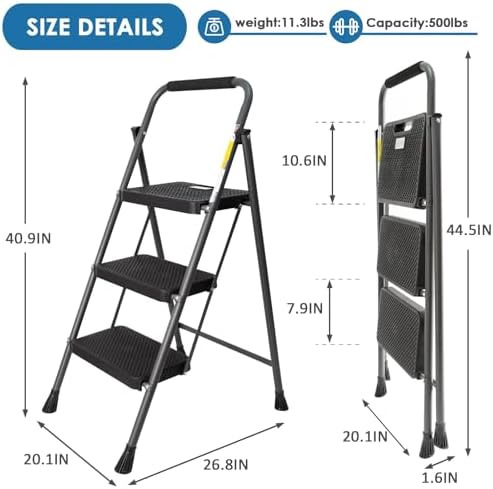 GOLYTON 3 Step Ladder,Step Stools for Adults, 500lbs Capacity - Image 5