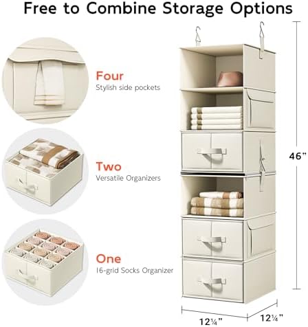6-Shelf Hanging Closet Organizer with 3 Drawers, 2-in-1 Design, Beige - Image 3