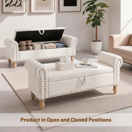 55" End of Bed Bench, Upholstered Bench with Storage, Queen, Beige - Image 3