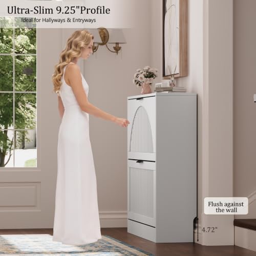 Fluted Shoe Storage Cabinet for Entryway, 2 Flip Drawers, White - Image 4