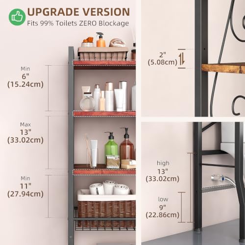 Over-The-Toilet Storage Rack 4-Tier,Bathroom Organizer Shelf Over Toilet,Adjustable Wooden Shelves and Basket,Freestanding Above Toilet Shelf,Space Saver for Rooms(Black Rack-Rustic Brown Shelves) - Image 2