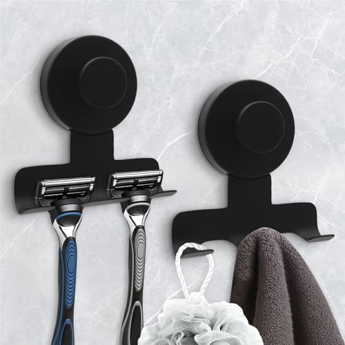 Suction Cup Razor Holder for Shower,Heavy-Duty 7KG Suction Hooks for Razor,Towel,Loofah,Removable Damage-Free Metal Shower Hook,Shaver Holder,2 Pack(Matte Black) by WingWider