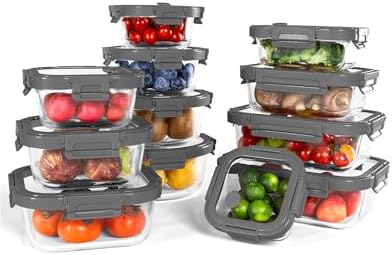 12-Pack Glass Containers with Tempered Lids – Borosilicate, Oven-Safe(-4°F~950°F), Airtight, BPA-Free, Multi-Size for Meal Prep, Dishwasher Safe, 1.6 cups to 6.4 cups (Gray) by BOROHOUSE