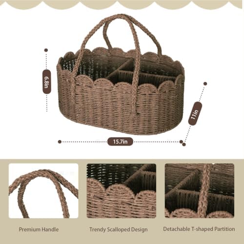 Diaper Caddy Organizer, Paper Rope Storage Baskets Nursery Bin with Removable Divider, Portable Car Organizer for Diapers, Baby Shower Gifts, Newborn Essentials Must Haves (Brown) - Image 3