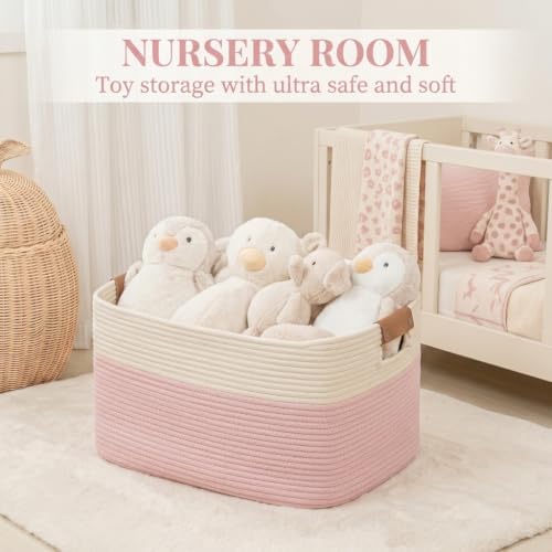 danpinera Large Woven Basket 25’’*16’’*16’’ Rectangle Woven Baskets for Storage, Storage for Living Room, Soft Cotton Rope Basket With Handle, Large Basket for Kids Dog Toys, 108L Pink+White - Image 4