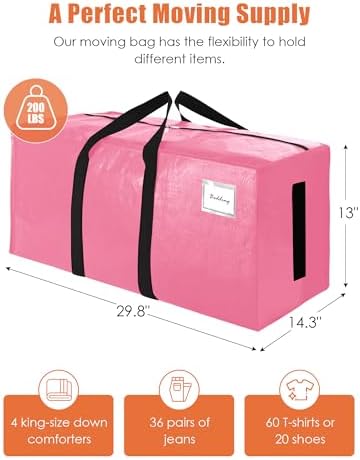 SWEET DOLPHIN 8 Pack 200LB Heavy-Duty Moving Bags with Wrap-Around Handles, Extra Large Storage Totes for Space Saving, Clothes Storage Bags, College Dorm Essentials, Pink, 24 Gal - Image 4