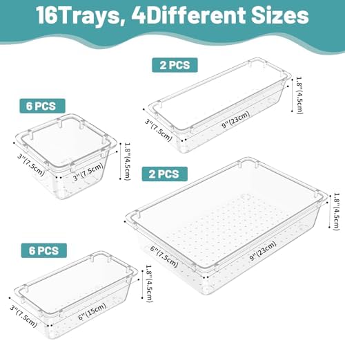 WOWBOX 16 PCS Clear Plastic Drawer Organizer Set, 4 Sizes Desk Drawer Organization and Storage Containers for Makeup, Cosmetics, Jewelry and Gadgets in Kitchen, Bathroom, Bedroom, Office, Clear - Image 3