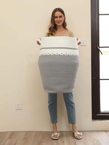 26"x20" Cottonphant Extra Large Tall Woven Laundry Basket with Lid, Cotton Rope Blanket Storage Basket, Freestanding Decorative Bin for Bedroom Living Room, White & Grey - Image 4