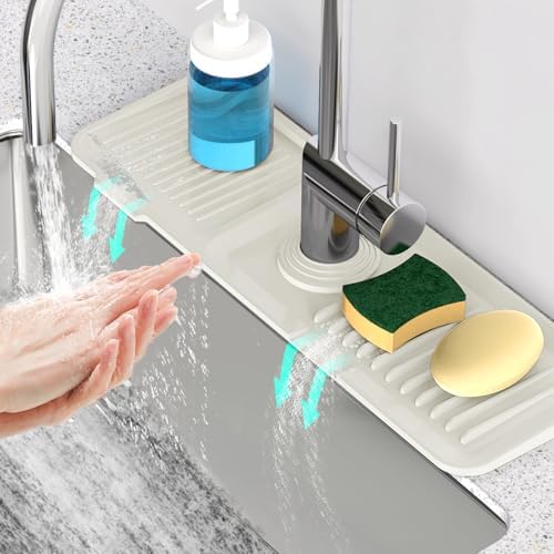 17.7inch Faucet Mat for Kitchen Sink [5°Slope Fast Self-draining] Faucet Mat Kitchen Sink Splash Guard Silicone Sink Splash Guard Kitchen Sink Area Tidy Splash Faucet Guard Draining Mat-Beige by Snoquir