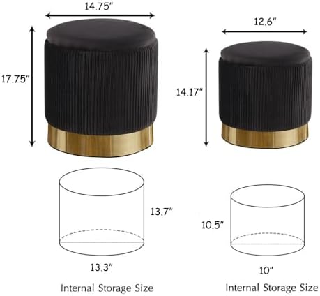 Round Ottoman with Storage Set of 2 Black Vanity Stool Foot Rest - Image 2
