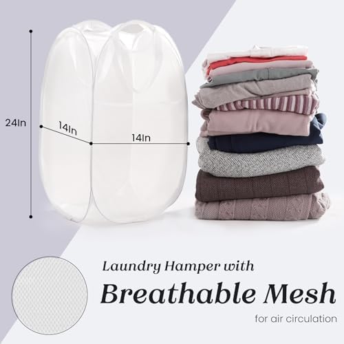 TECHMILLY Collapsible Mesh Pop Up Laundry Hamper with Sturdy Handles and Side Pocket - Portable Foldable Clothes Baskets for Dorm, Bathroom & Travel Storage (White, 2 Packs) - Image 5