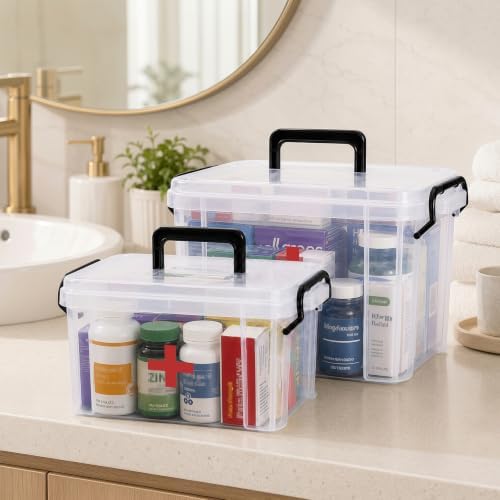 2 Pack Clear Medicine Organizer Box with Handle, Plastic Medicine Container with Tray Empty First Aid Box Empty, Thickened Medicine Storage Organizer Multipurpose Medication Organizer Storage, Clear - Image 2