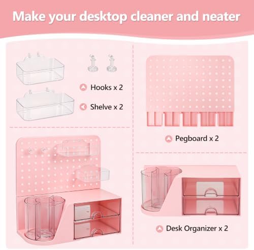 Desk Organizer with 360° Rotating Pen Holder, 5 Slots, 2 Drawers & Pegboard for Office School Art Supplies (Pink) - Image 3