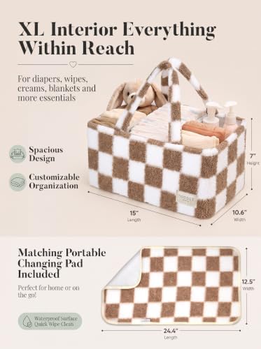Baby Diaper Caddy Organizer with Waterproof Changing Pad, Checkered Taupe - Image 5