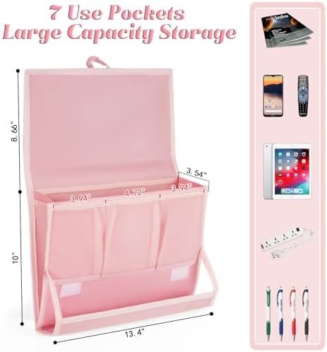 Bedside Caddy Organizer for Dorm Bed Rails with 7 Pockets, Pink - Image 2