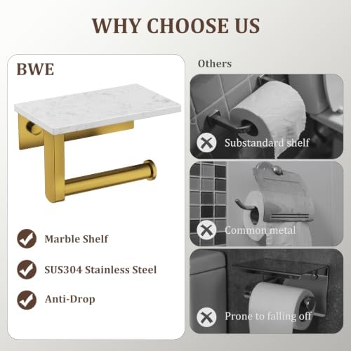BWE Toilet Paper Holder with Marble Shelf, Toilet Paper Roll Holder Wall Mounted, Toilet Paper Roll Holder with Phone Shelf 304 Stainless Steel Tissue Holder for Bathroom Washroom (Gold) - Image 5