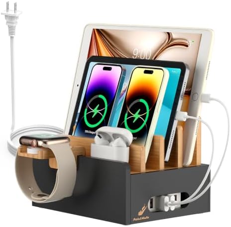 Pezin & Hulin Bamboo Charging Station with USB Charger&Cables-Natural+Black by PezinHulin