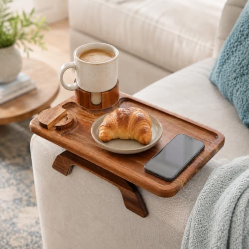 Couch Cup Holder Tray, 3 in 1 Acacia Wood Sofa Arm Clip On Tray Table with 360° Rotating Phone Holder | Couch Armrest Tray for Sofa, Recliner & Chair, Wood Side Table Tray with Drink Holder - Image 5