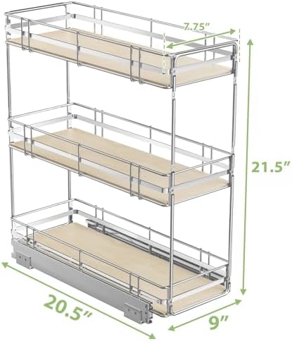 ROOMTEC 3-Tier Pull Out Cabinet Organizer Spice Rack for Narrow Cabinet 9" W x 20½" D, Slide Out Wood Shelves Storage for Kitchen - Image 3