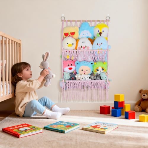 2 Tier Stuffed Animal Storage Net, Large Boho Plushies Stuffy Storage,Pink - Image 2