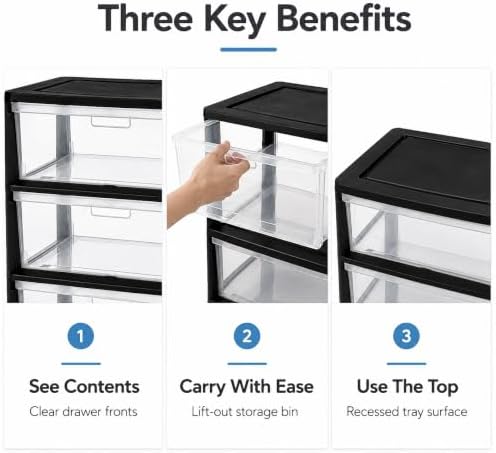 3 Drawer Storage Organizer, 3-Tier Wide Clear Plastic Drawer Storage -Black - Image 5