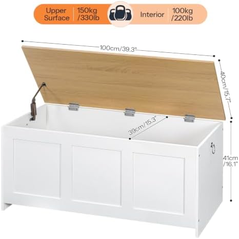HOOBRO Storage Bench, 39.3" Retro Wooden Storage Chest, Wooden Storage Trunk, Toy Chest with Lift Top, Multifunctional Entryway Organizer, for Entryway, Living Room, White and Natural WN141CW01G1 - Image 3
