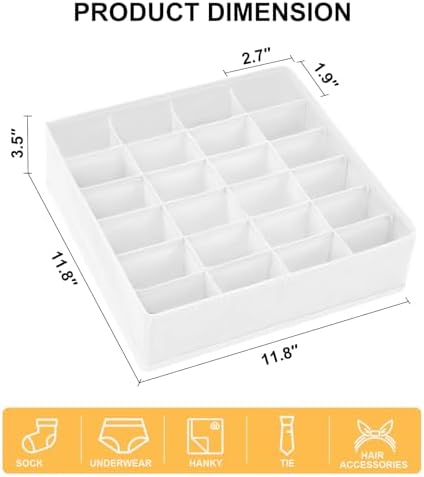 Sock Organizer 4 Pack, 24 Cell Foldable Underwear & Sock Storage, Drawer Organizer for Ties, Belts. (White) - Image 2