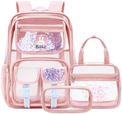 Makukke Clear Backpack for School, Heavy Duty 0.5mm Transparent Bookbag 3-in-1 Set with Lunch Bag, Fits 15.6" Laptop for Teens (Clear Pink) by MAKUKKE
