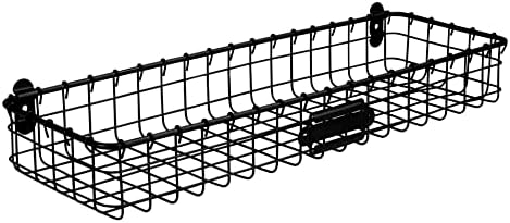 Spectrum Long Wall Mounted Wire Basket Tray with Label Plate in Matte Black, Modern Wire Basket Wall Mount Organizer for Pantry Kitchen Bathroom Closet Storage Sleek Open Steel Tray Bin by Unknown