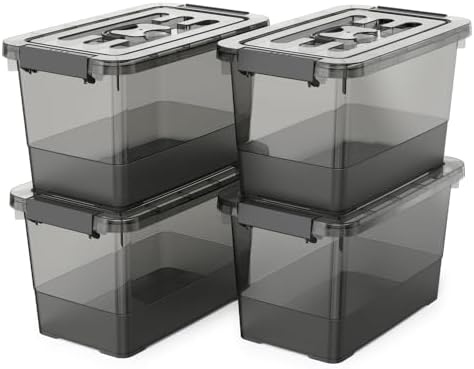 4 Pack 7 Quart Clear Black Storage Bins with Latching Lids, Stackable Plastic Storage Containers for Closet, Pantry & Garage Organization by YYXB