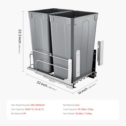 VEVOR Pull-Out Trash Can, 50 QT x2 Double Under Mount Kitchen Waste Container, Heavy Duty Garbage Recycling Bin with Door Kit and Soft Close Slide, for Kitchen Cabinet, Sink, Under Counter (Grey) - Image 7