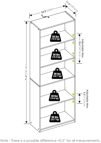 Furinno GEHRY Book Shelf, 5-Tier Bookshelf with Open Shelf, Standing Bookcase with Adjustable Shelves, 11.6 x 24.8 x 71.4, for Living Room, Bedroom, Home Office, Blackwood - Image 3