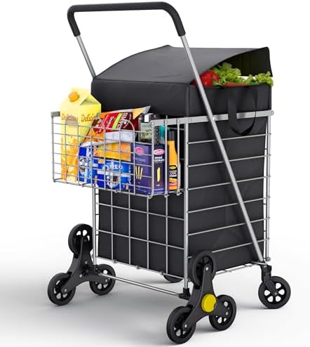 Our Modern Space Stairs Climbing Shopping Cart w/Waterproof Basket Liner & 360° Swivel Wheels | Foldable Collapsible & Lightweight | Perfect for Groceries Laundry Utility Cart - Silver by OurModernSpace