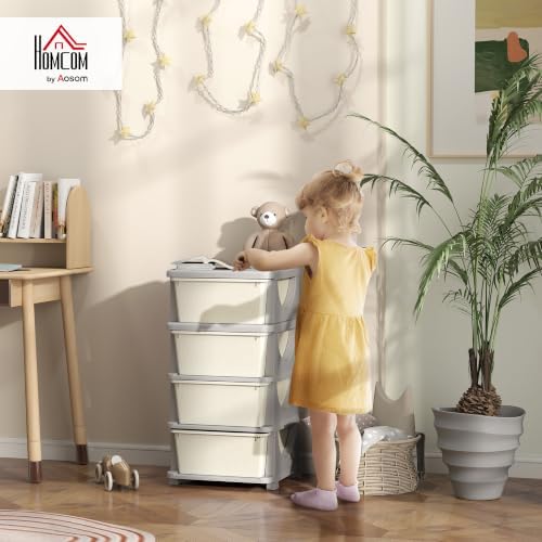 Qaba 4 Drawers Kids Storage Unit 4 Tier Toy Organizers Cream White - Image 2