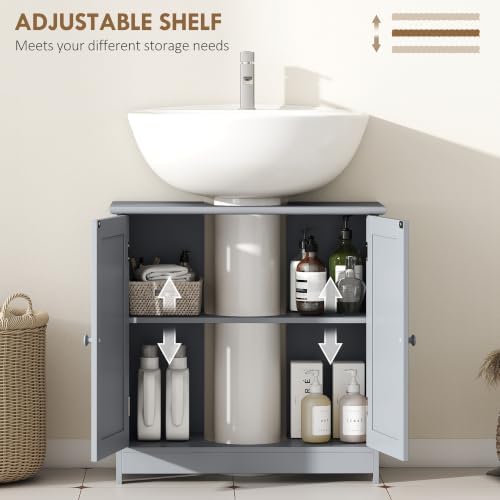 HOMCOM Under Sink Bathroom Cabinet with 2 Doors, Shelf, U-Shape, Gray - Image 5