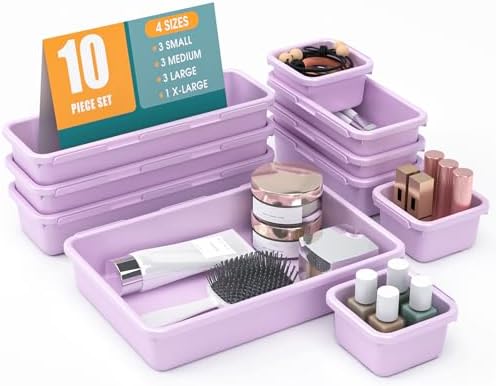 StoreHappily 10 PCS Drawer Organizer Set, 4 Size Makeup Drawer Divider Organizer With Non-Slip Pads, Interlocking Plastic Storage Bins for Office,Jewelry Vanity,Gadgets, Bathroom,Kitchen, Purple by StoreHappily