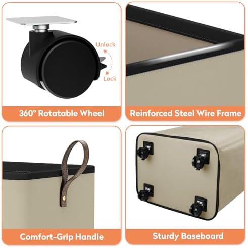 SpaceTrove Rolling Laundry Basket with Wheels, Laundry Hamper, 80L, Beige - Image 7