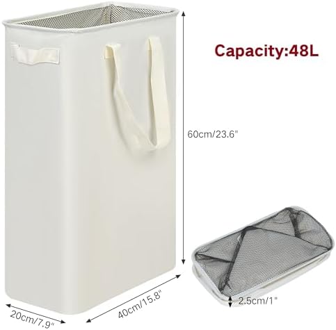 efluky Slim Laundry Basket, Narrow Laundry Hamper with Handles, Collapsible Dirty Clothes Hamper, Tall Laundry Bin for Laundry Room, Dorm and Bedroom, 12.7 Gallons(48L) Beige - Image 3