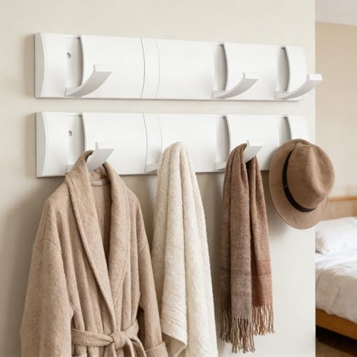 Folding Coat Hooks, Wall Mounted Coat Rack with 8 Retractable Hooks, Heavy Duty Towel Rack for Bathroom Wall Hook for Hanging Clothes Bathrobe, Stainless Steel Coat Hanger for Entryway(White) - Image 6