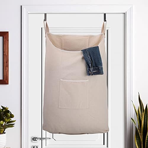 Laundry Hamper with Front Pocket,Door Hanging Laundry Bag, Beige, 2PC X 65L - Image 2