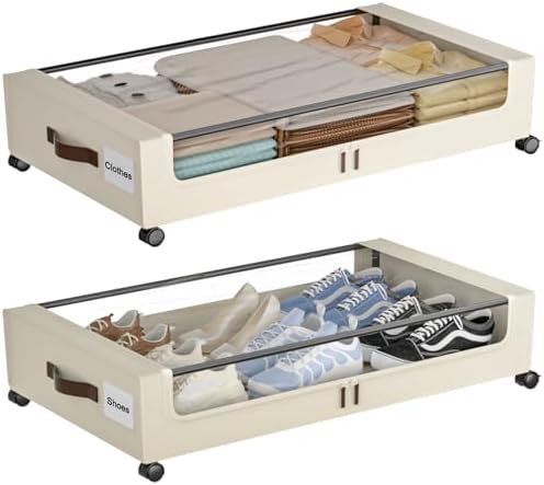 Under Bed Storage with Wheels,XXL 60L Under Bed Storage Containers with Clear Lids, Rolling Under Bed Metal Drawer for Clothes, Shoes,Toys (White, 2 Pack) by Gofujuco