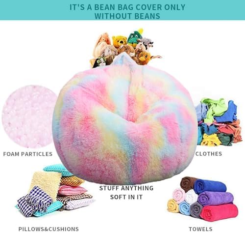 Fluffy Stuffed Animal Storage Bean Bag Chair Cover (No Filler), Faux Fur Comfy Bean Bag Cover for Organizing Plush Toys or Textile, for Adults Teens Kids Girls, Rainbow - Image 4