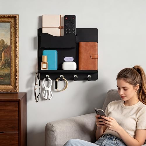 Bedside Shelf Wall Mount, Adhesive Bedside Shelf Accessories Organizer with Hooks and Cable Clips,Dorm Bedside Wall Storage for Phone, Remote, Earphone,Plastic (Black) - Image 2